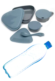 Посуда (Кружка, ложка, миска, нож), бутылка (1 л)